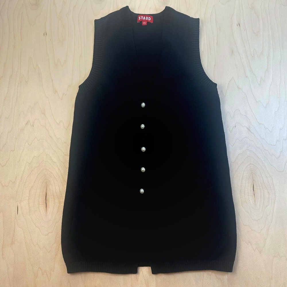 Staud‎ Vest Black XS Sleeveless Cardigan Sweater Pearl Button Pockets Knitwear